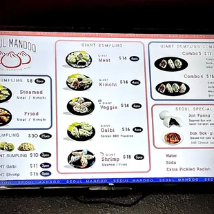 Seoul Mandu menu