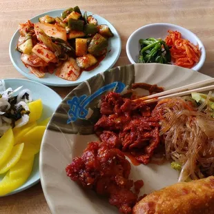 My plate from the buffet. Ban chan jap chae yeongnyeom chicken etc