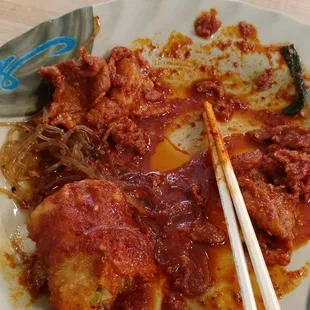 Spicy pork and chikn with jap chae. Avoid the beef at all costs. Chewy rubbery dry overcooked flavorless