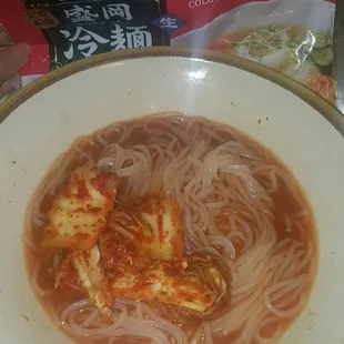 Japanese Reimen &amp; handmade kimuchi. if u like chewy texture &amp; spicy u might wanna try it. u can add julienned cucumbers in the bowl.