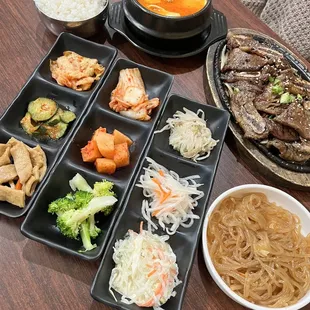 Kalbi combo with the hot tofu soup and side accompaniments (those rice noodles are yummy)!