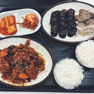 Spicy pork (number 12, left), soondae (number 3, I think, right)