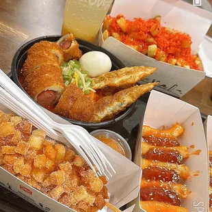 Cup Bokki Seoul, Stick Bokki Sausage, Corn Dog Gamja, Seoul Fries and Sparkling Yuja Ade