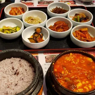 Mushroom tofu soup includes rice &amp; banchan.  Heavenly meal !  Not to forget the background jazz music