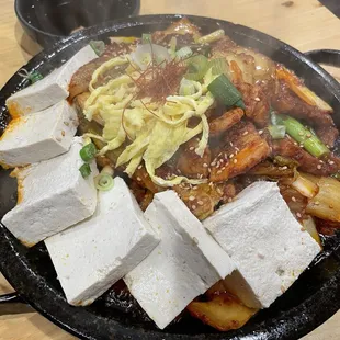 Pan fried kimchi w/ pork belly &amp; tofu