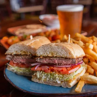 Steak sandwich and a beer