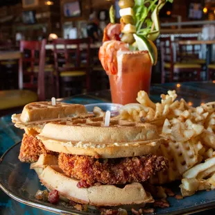 Fried Chicken and Waffles with a loaded bloody mary