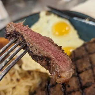 NY steak (medium rare) and eggs