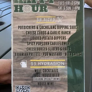 Happy hour menu with happy hour times
