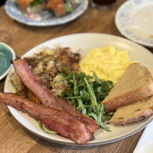 American Breakfast (with scrambled eggs, sourdough toast); added bacon