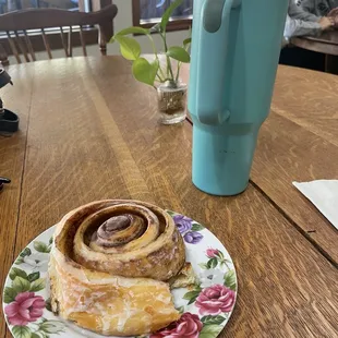 Fresh baked and warm Cinnamon Roll and my homemade coffee drink