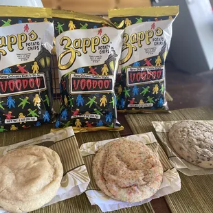 Voodoo chips $2.95, cookie $2.75 snickerdoodle, sprinkle sugar, chocolate chip