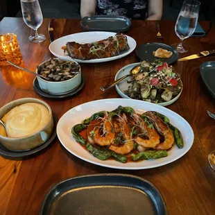 French Blue Prawns, and Chipotle Shortrib.  With sides of potato puree, mushrooms, and brussel sprouts
