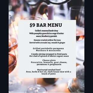 Happy hour bar menu Monday-Friday 5:00 PM- 8:00 PM