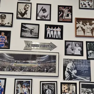 a wall of baseball memorabilia
