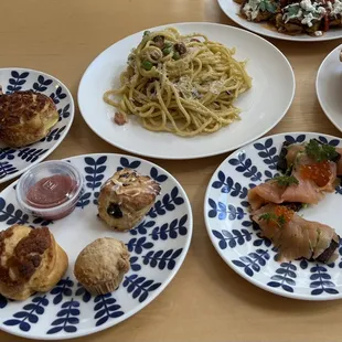 Mother&apos;s Day Brunch 2022: Pastry first Course, Salmon Toast First Course, Spaghetti Carbonara