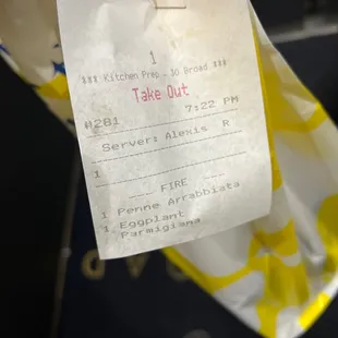 a ticket for take out
