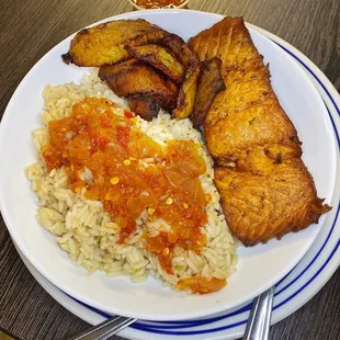 Liberian Dry Rice w/ salmon &amp; plantains. So good!