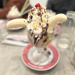 Banana Split Sundae with strawberry, chocolate, and vanilla ice cream!
