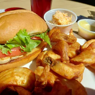 Grilled chicken sandwich, side of pimento cheese and sidewinder fries.