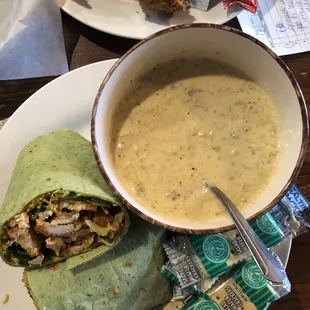 Buffalo chicken wrap and potato soup