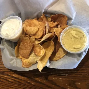 Kettle chips, ranch, and honey mustard