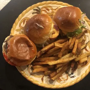 2 Crab cakes with 1 elk slider and truffle fries