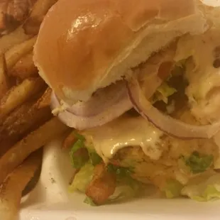 Crab cake sliders and fries