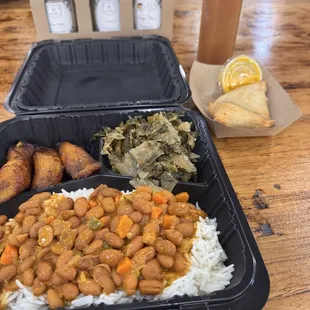 Serengeti Vegan Platter (Cocunt rice and peas, Cabbage and Collards mix, and Plaintains, Vegan samosas, with a Cardamom Tamarind drink ).