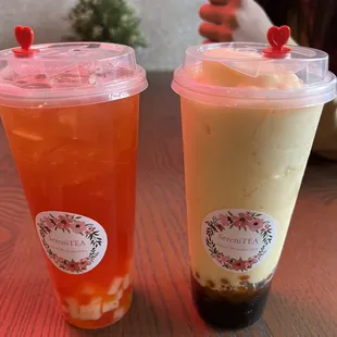 Mango boba and strawberry peach tea with rainbow jelly