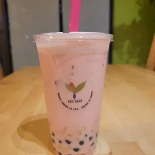 Strawberry Milk Tea with Boba and Mango Jelly