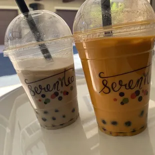 Okanawa brown sugar (1/2 sweet) milk tea and a Thai tea