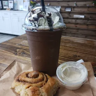 Smores blended coffee,  sourdough cinnamon roll with cream cheese