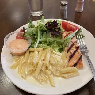 Combination salmon plate with penne Alfredo and salad
