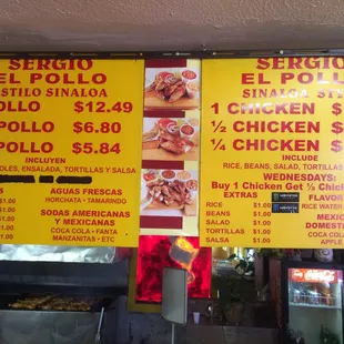 Menu at Sergio El Pollo