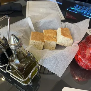 Complimentary bread with olive oil and balsamic vinegar. Very fresh and delicious!