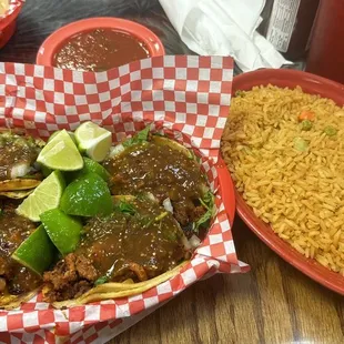 Tacos Al pastor with extra limes and red sauce, side of rice