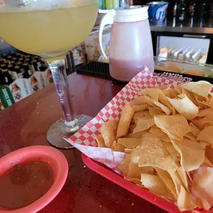 Drinking Giant Margarita (one Step behind a Pitcher)! Chips and Salsa. Waiting for Huevos Con Chorizo.