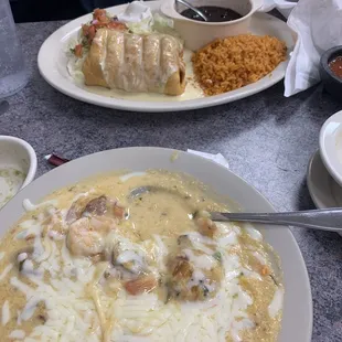 Chimichanga, shrimp and grits