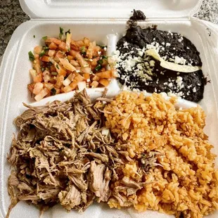 a meal in a styrofoam container