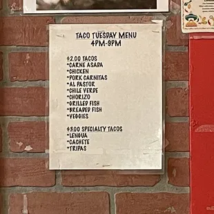 Taco tuesday menu