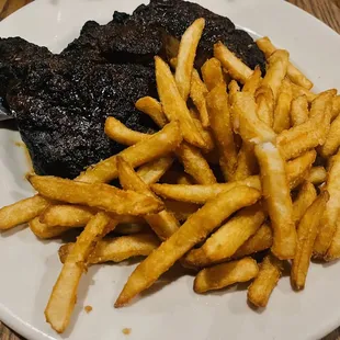 Ribeye (Blackened), cooked Medium with Fries