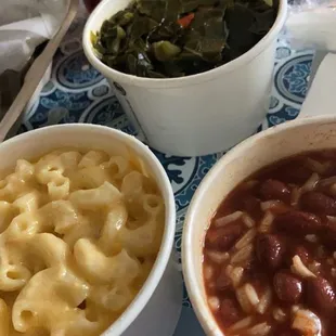 Macaroni, collard greens, red beans and rice