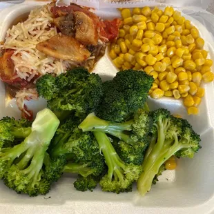 Steamed Broccoli , Eggplant and Potato Parmesan , Corn