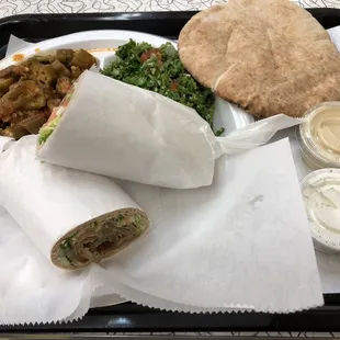 A Gyro Wrap and two sides: smothered okra and tabouli salad