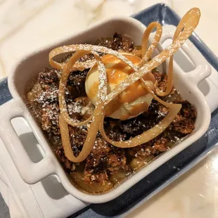 8/7/22 APPLE CRISP - Organic Date Sugar-Oatmeal Topping, Whiskey Caramel Sauce, Vanilla Ice Cream