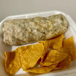 Breakfast burrito and chips