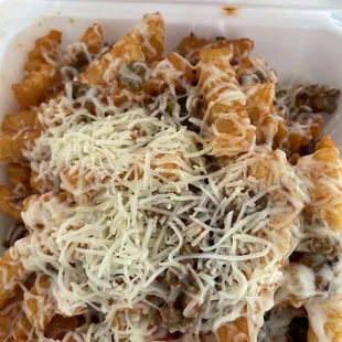Carne Asada fries with red sauce