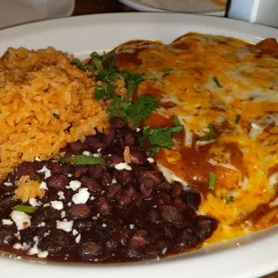 Cheese enchiladas with green sauce, rice and beans.