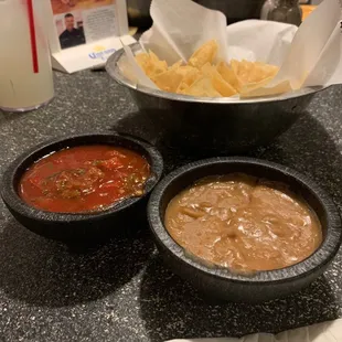 The salsa and dip is delicious! They also give you a bowl of chips and one of each dip per person!